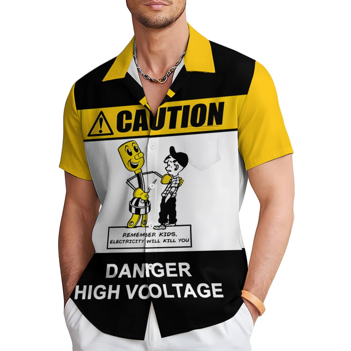 Retro Poster Danger Warning Printing Short Sleeve Shirt 2408009357