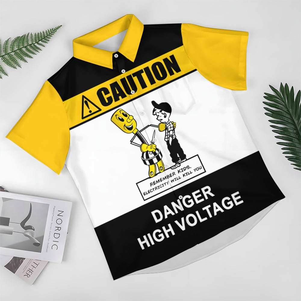 Retro Poster Danger Warning Printing Short Sleeve Shirt 2408009357