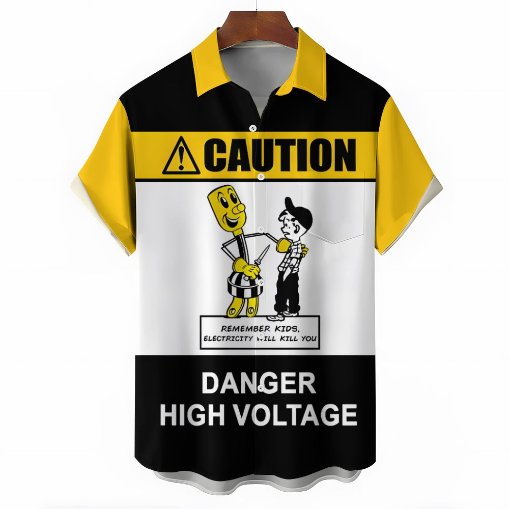 Retro Poster Danger Warning Printing Short Sleeve Shirt 2408009357