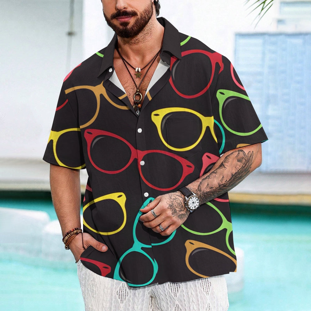 Men's 3D Colorful Glasses Pattern Print Button Up Lapel Shirt 2408009423