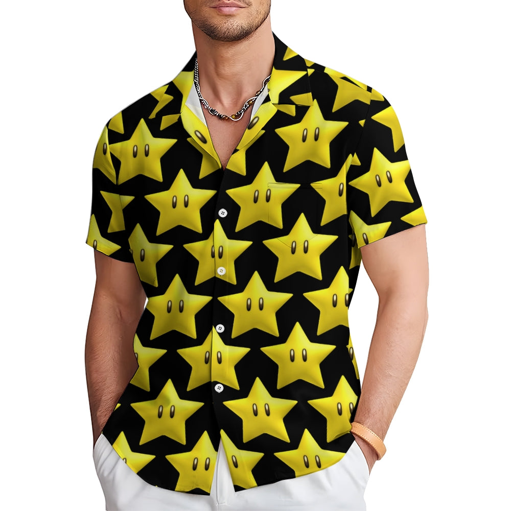 Cartoon Yellow Stars On Black Printing Short Sleeve Shirt 2408009445