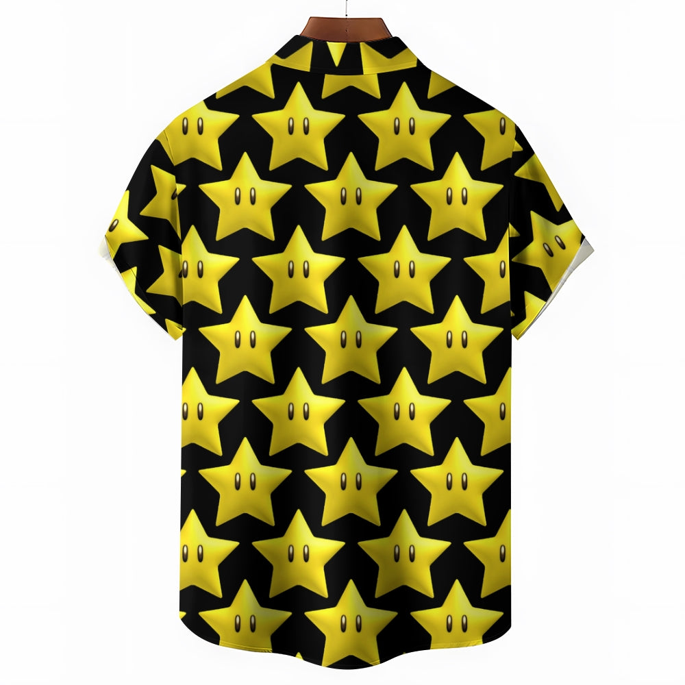 Cartoon Yellow Stars On Black Printing Short Sleeve Shirt 2408009445