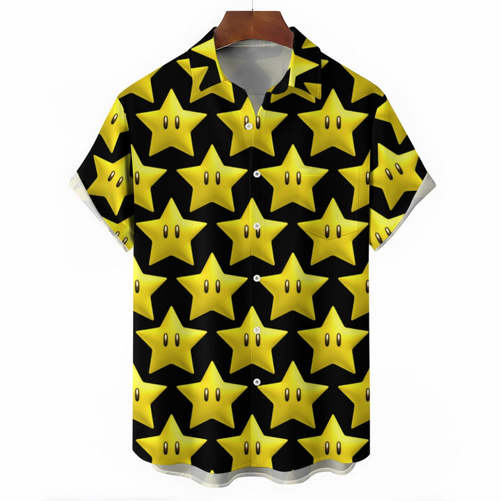 Cartoon Yellow Stars On Black Printing Short Sleeve Shirt 2408009445