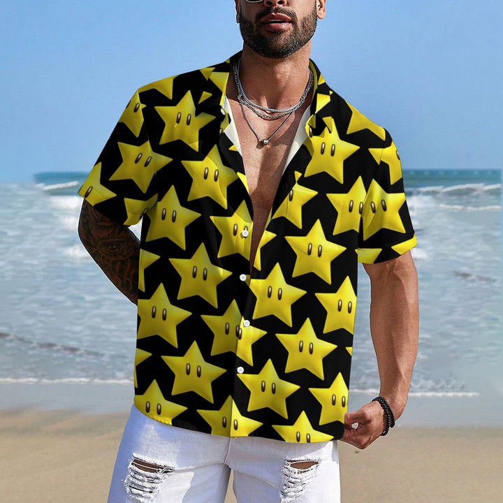 Cartoon Yellow Stars On Black Printing Short Sleeve Shirt 2408009445