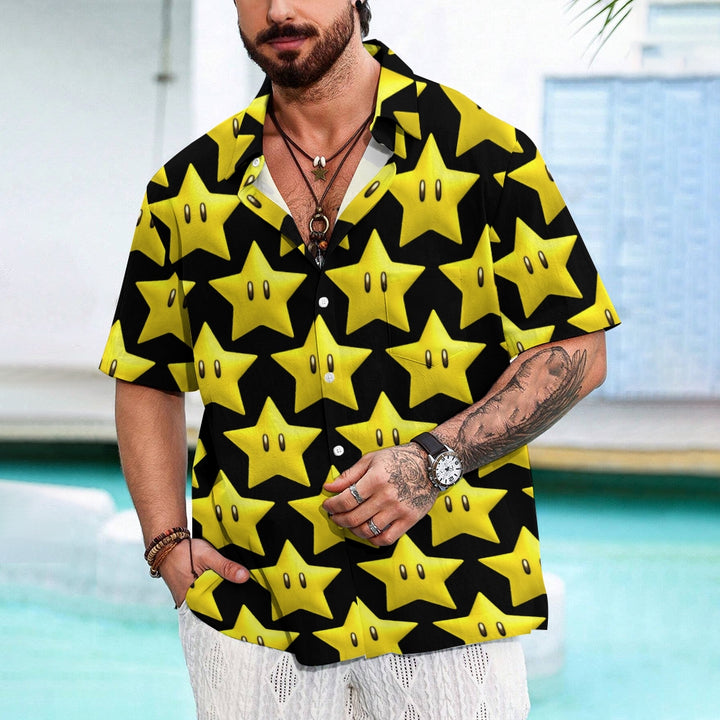 Cartoon Yellow Stars On Black Printing Short Sleeve Shirt 2408009445