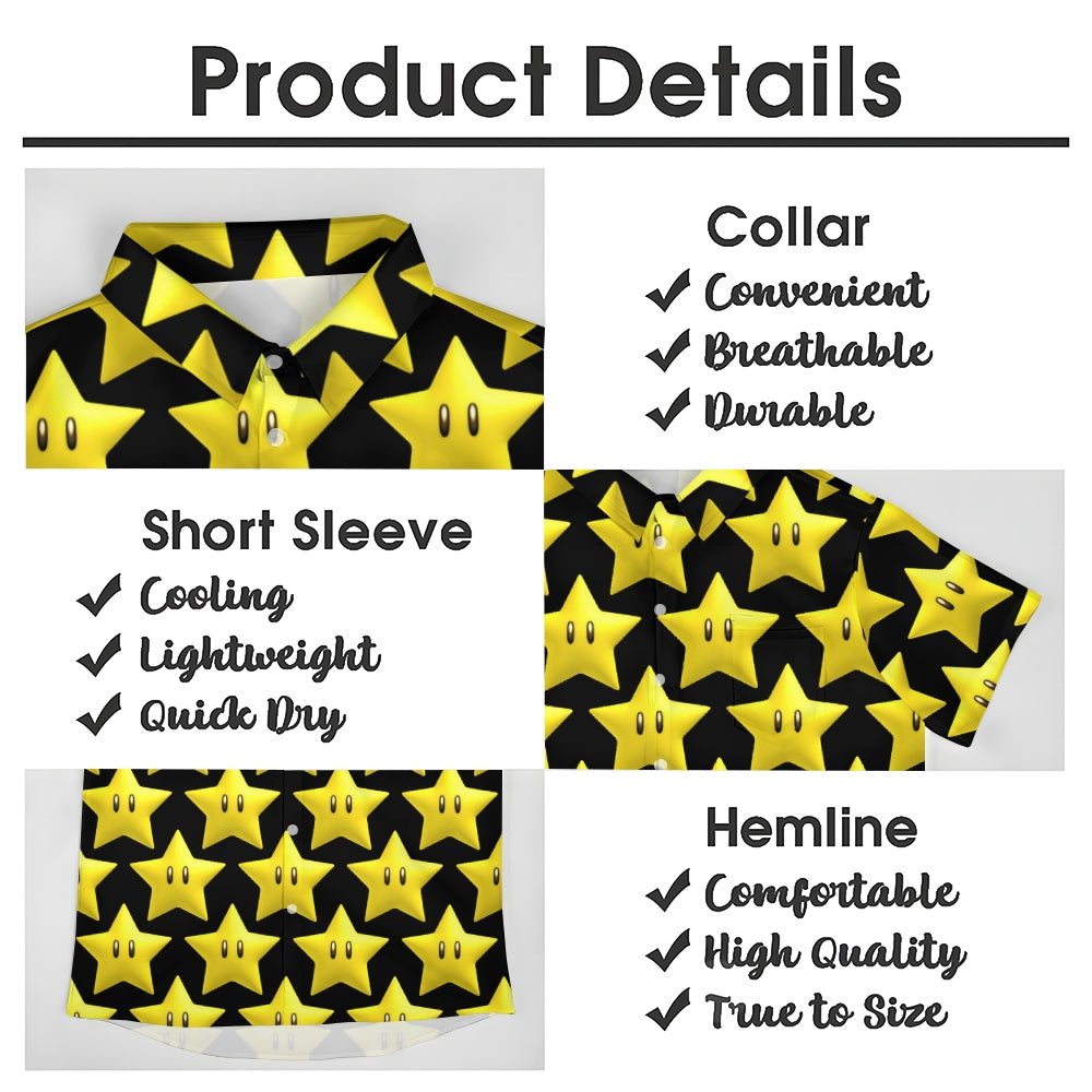 Cartoon Yellow Stars On Black Printing Short Sleeve Shirt 2408009445