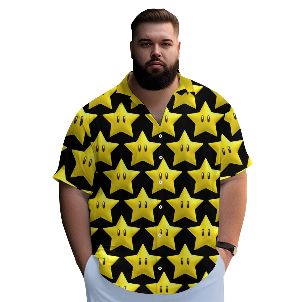 Cartoon Yellow Stars On Black Printing Short Sleeve Shirt 2408009445