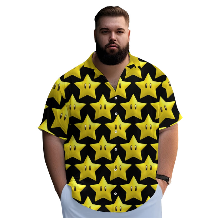 Cartoon Yellow Stars On Black Printing Short Sleeve Shirt 2408009445