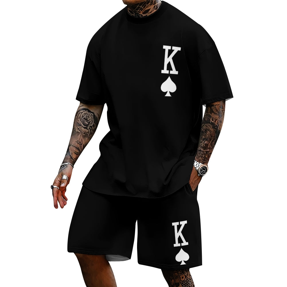 Men's Casual Short Sleeve T-Shirt Poker King Print Two-Piece Set 2407000997