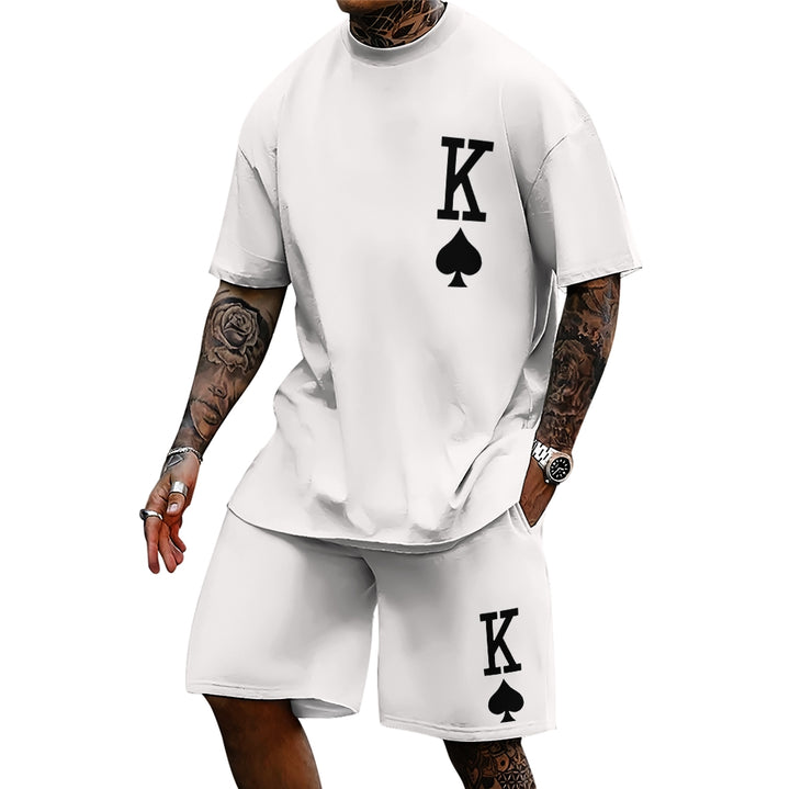 Men's Casual Short Sleeve T-Shirt Poker King Print Two-Piece Set 2407000997