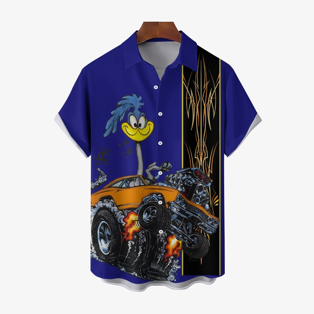 Classic Cartoon Modified Car Pinstripe Contrast Short Sleeve Shirt 2406000597