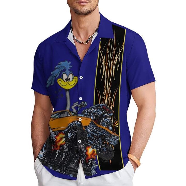 Classic Cartoon Modified Car Pinstripe Contrast Short Sleeve Shirt 2406000597