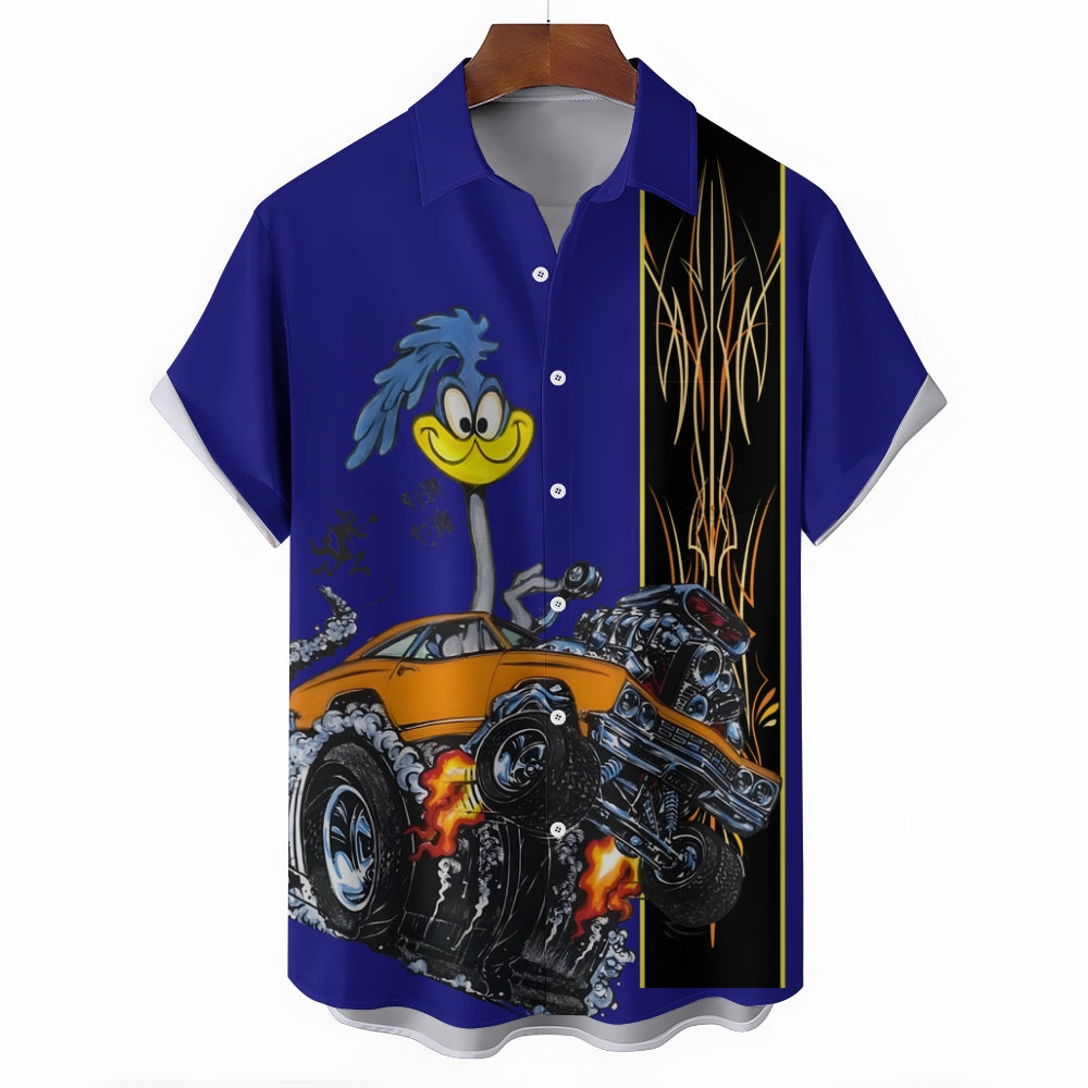 Classic Cartoon Modified Car Pinstripe Contrast Short Sleeve Shirt 2406000597