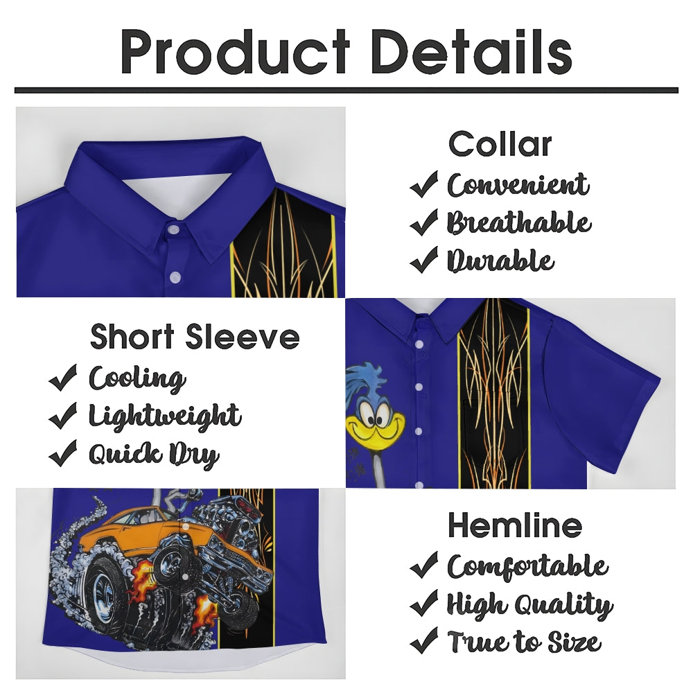 Classic Cartoon Modified Car Pinstripe Contrast Short Sleeve Shirt 2406000597