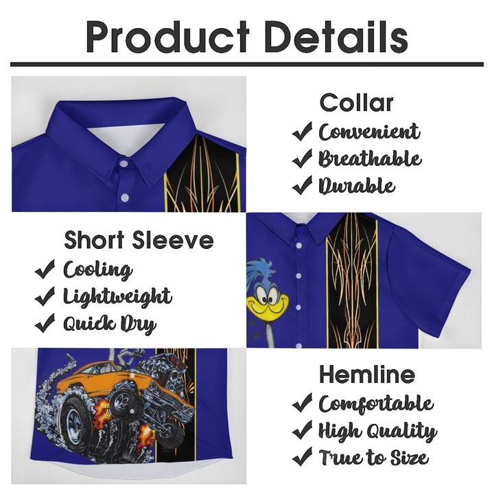 Classic Cartoon Modified Car Pinstripe Contrast Short Sleeve Shirt 2406000597