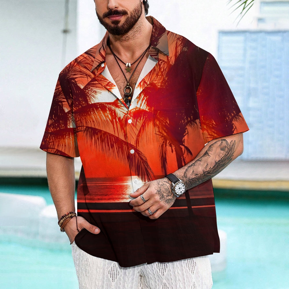 Men's Hawaiian Sunset Coconut TreeCasual Short Sleeve Shirt 2401000062