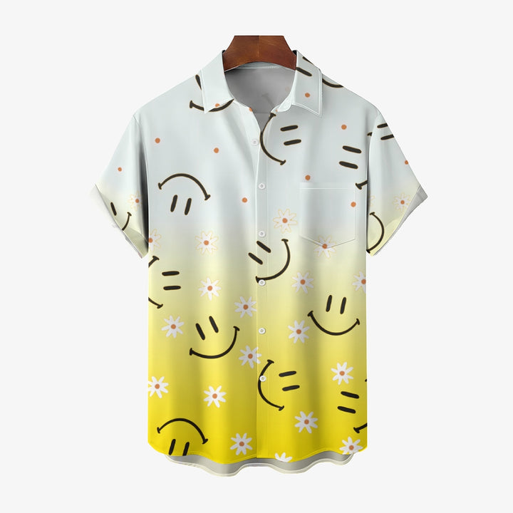 Hawaiian Gradient Smiley Floral Print Short Sleeve Shirt 2408010923