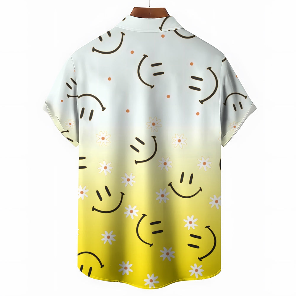 Hawaiian Gradient Smiley Floral Print Short Sleeve Shirt 2408010923