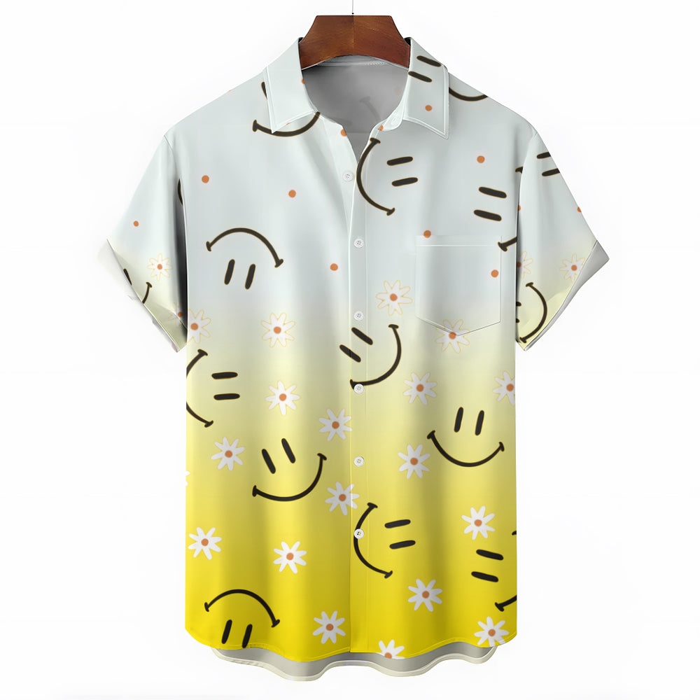 Hawaiian Gradient Smiley Floral Print Short Sleeve Shirt 2408010923