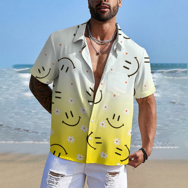 Hawaiian Gradient Smiley Floral Print Short Sleeve Shirt 2408010923