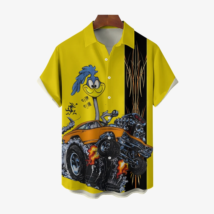 Classic Cartoon Modified Car Pinstripe Contrast Short Sleeve Shirt 2406000597