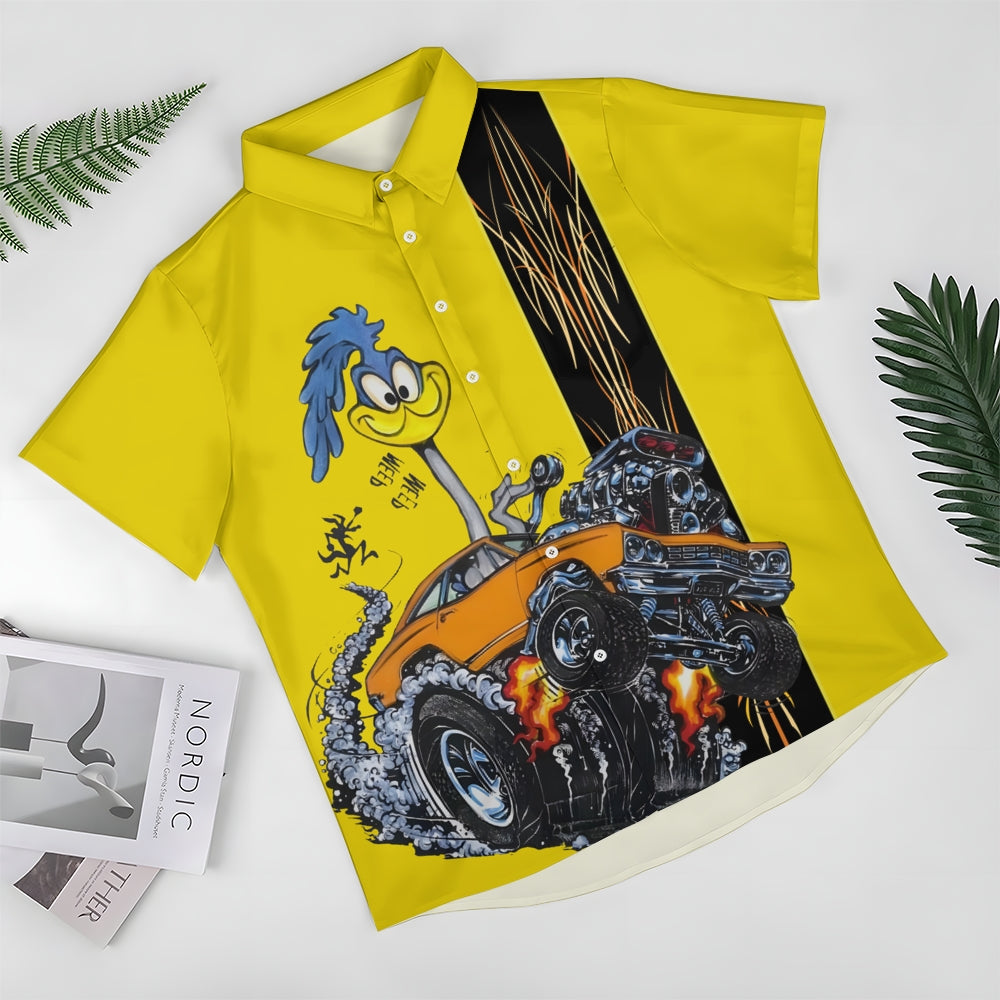 Classic Cartoon Modified Car Pinstripe Contrast Short Sleeve Shirt 2406000597