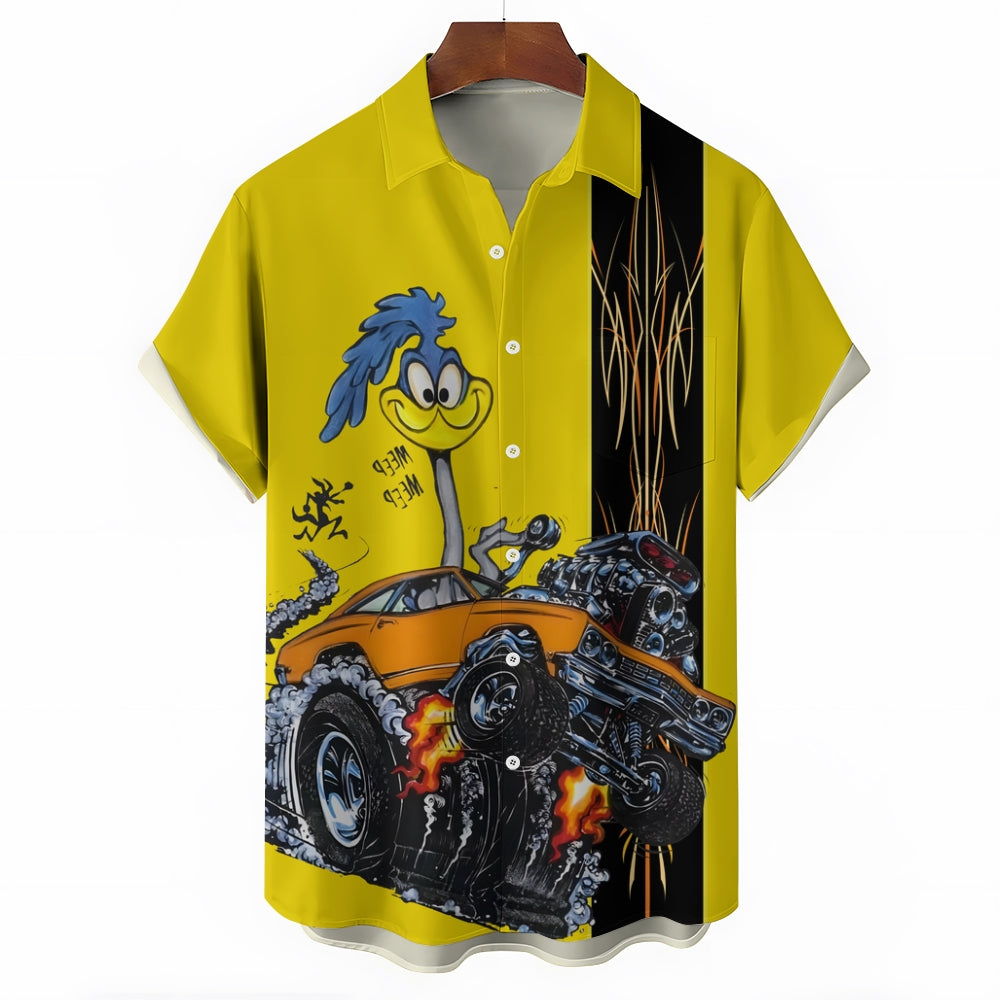 Classic Cartoon Modified Car Pinstripe Contrast Short Sleeve Shirt 2406000597