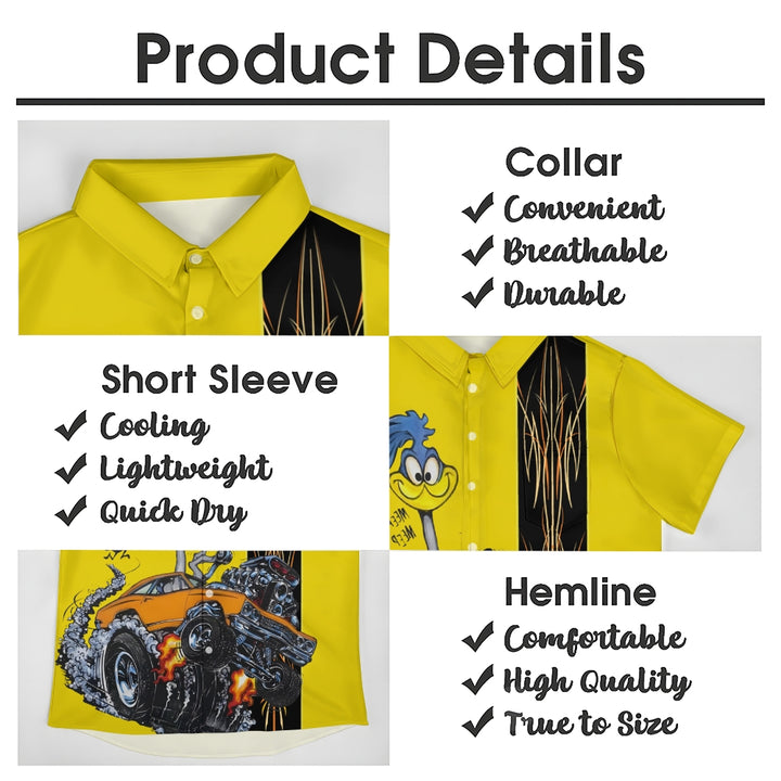 Classic Cartoon Modified Car Pinstripe Contrast Short Sleeve Shirt 2406000597