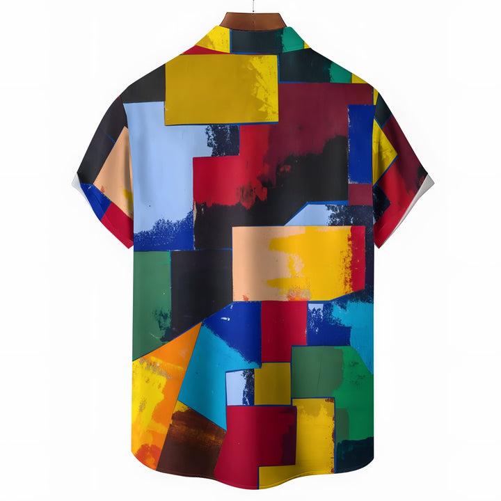 Spliced Color Block Art Print Casual Short Sleeve Shirt 2403000708