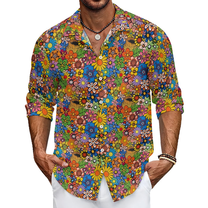 Men's Vintage Colorful Floral Cotton 70s Long Sleeve Button Up Shirt 2408008853