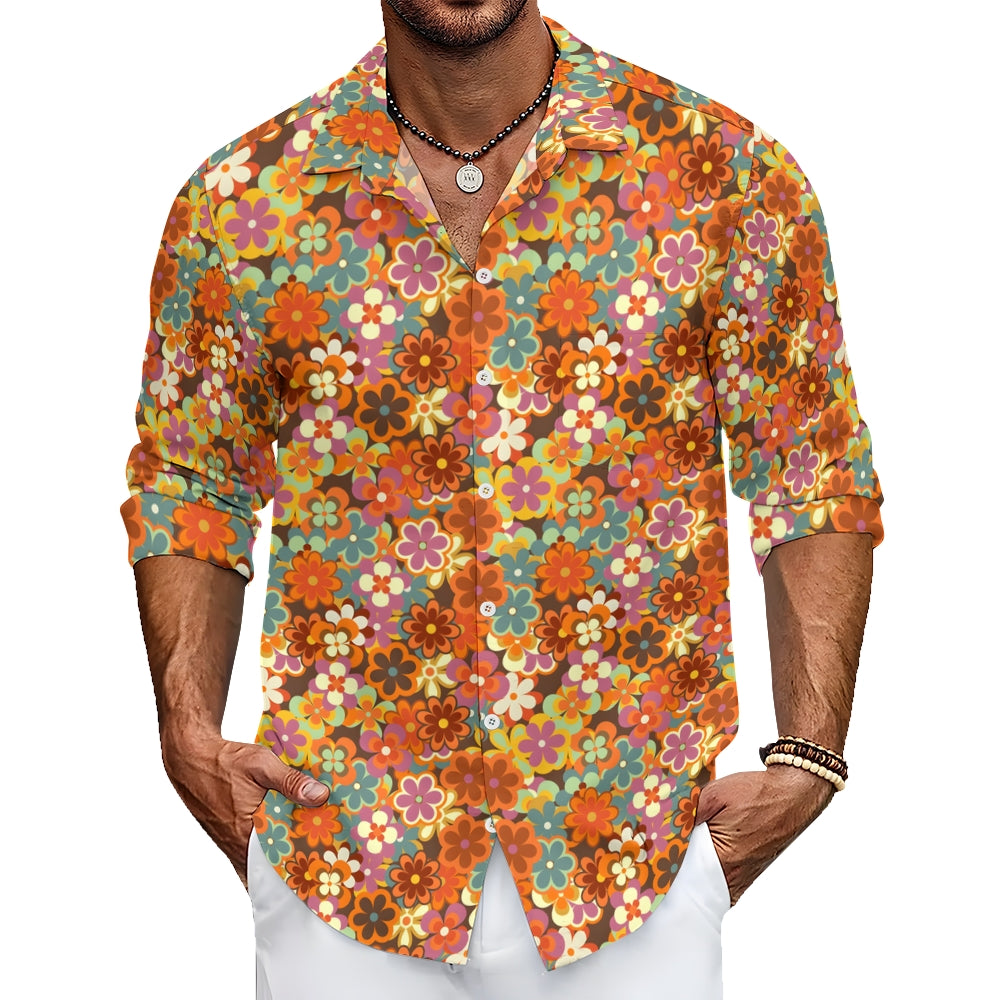 Men's Vintage Colorful Floral Cotton 70s Long Sleeve Button Up Shirt 2408008853