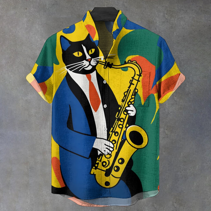 Vintage Mondrian Art Cat Playing Saxophone Cat Print Casual Shirt 2409000409