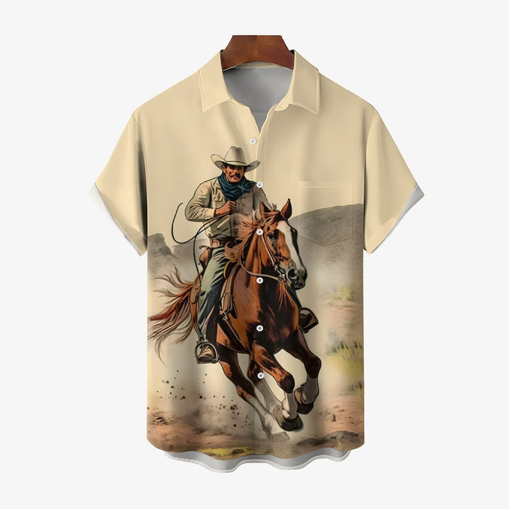 Men's Western Cowboy Anime Print Short Sleeve Shirt 2409000912