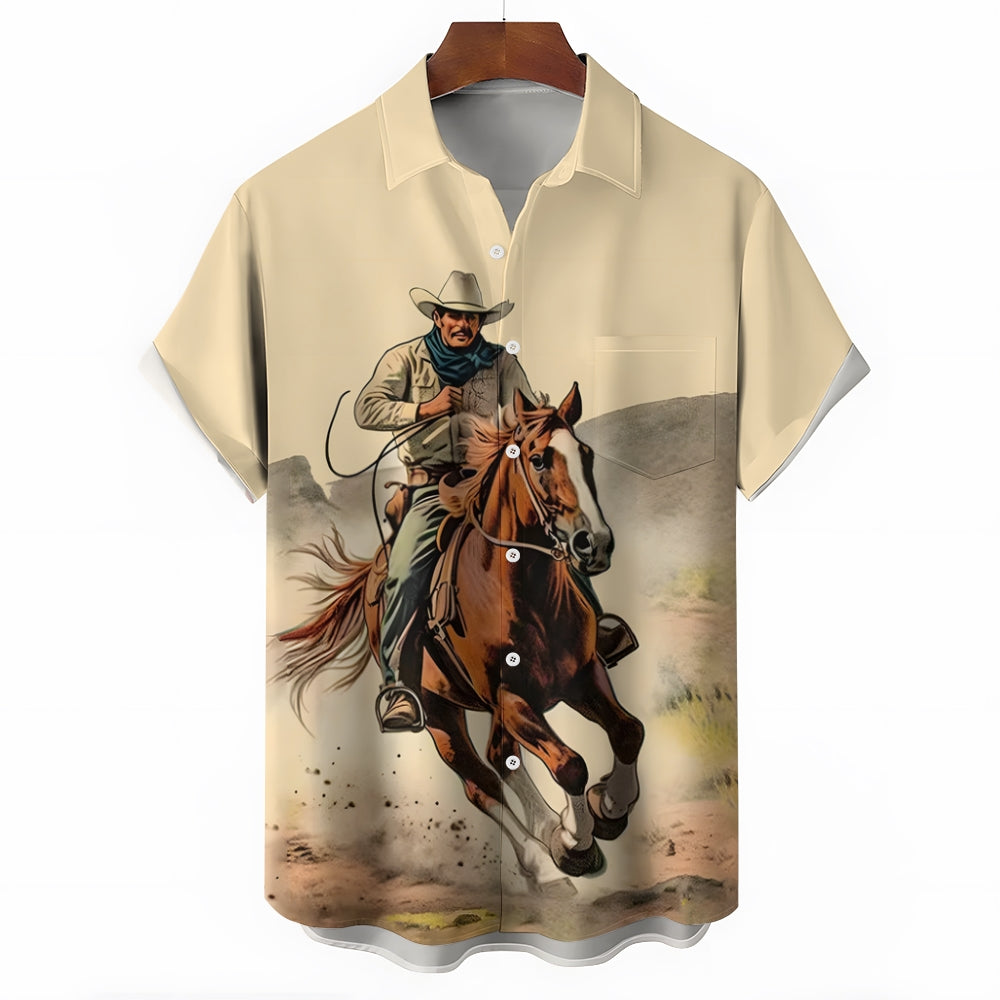 Men's Western Cowboy Anime Print Short Sleeve Shirt 2409000912