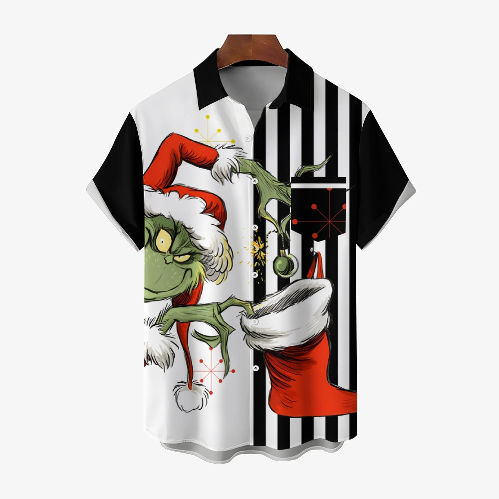 THE GRINCH  Christmas Striped Chest Pocket Short Sleeved Shirt 2310000328