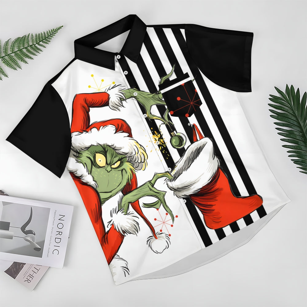 THE GRINCH  Christmas Striped Chest Pocket Short Sleeved Shirt 2310000328