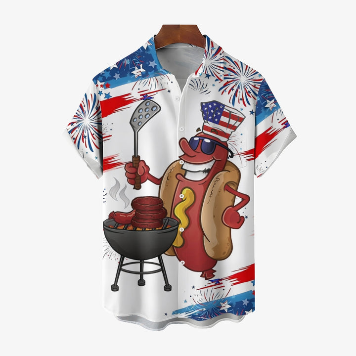 American Flag Cartoon Hot Dog Sausage BBQ Print Short Sleeve Shirt 2409001359