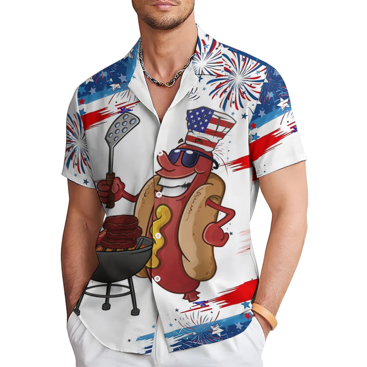 American Flag Cartoon Hot Dog Sausage BBQ Print Short Sleeve Shirt 2409001359