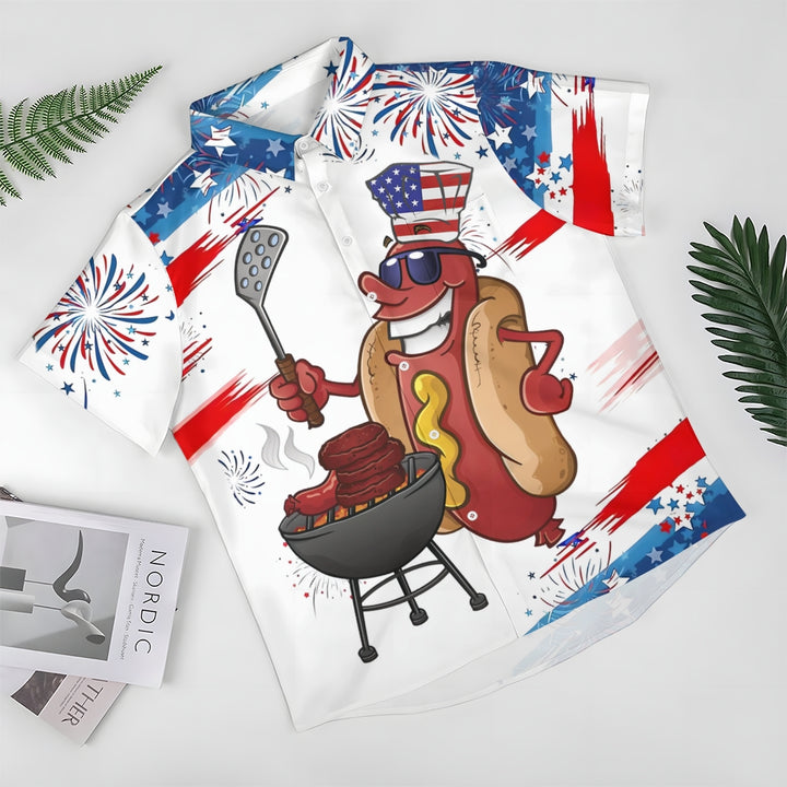 American Flag Cartoon Hot Dog Sausage BBQ Print Short Sleeve Shirt 2409001359