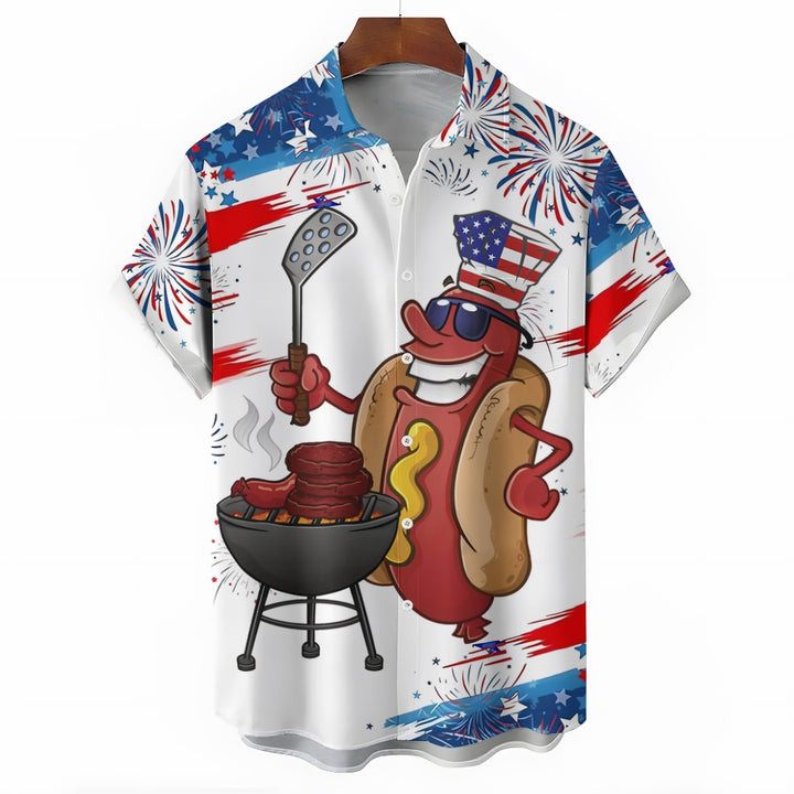 American Flag Cartoon Hot Dog Sausage BBQ Print Short Sleeve Shirt 2409001359