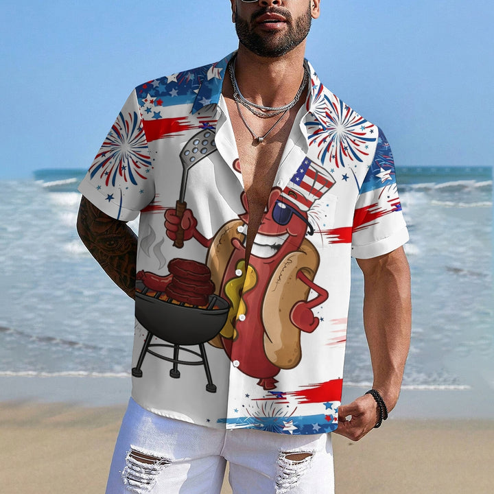 American Flag Cartoon Hot Dog Sausage BBQ Print Short Sleeve Shirt 2409001359