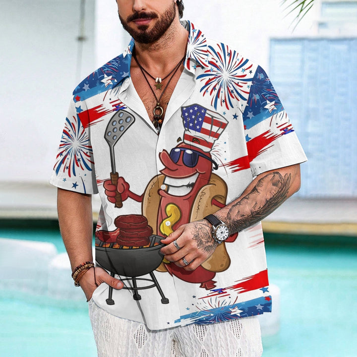 American Flag Cartoon Hot Dog Sausage BBQ Print Short Sleeve Shirt 2409001359