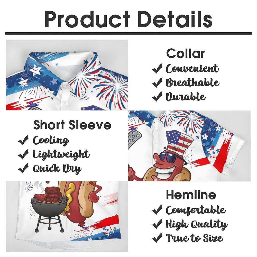 American Flag Cartoon Hot Dog Sausage BBQ Print Short Sleeve Shirt 2409001359