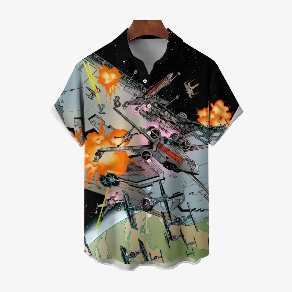 Mysterious Planet Printed Large Size Bamboo Linen Short Sleeve Shirt 2409001121