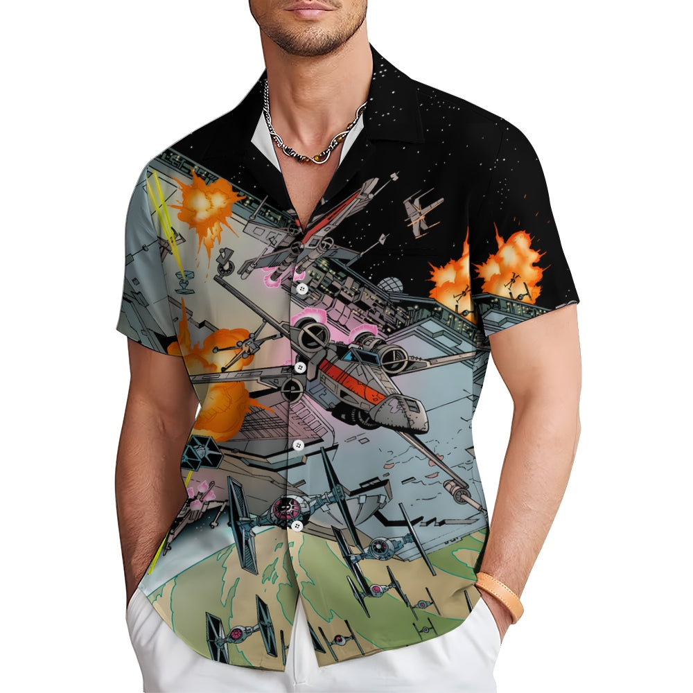 Mysterious Planet Printed Large Size Bamboo Linen Short Sleeve Shirt 2409001121