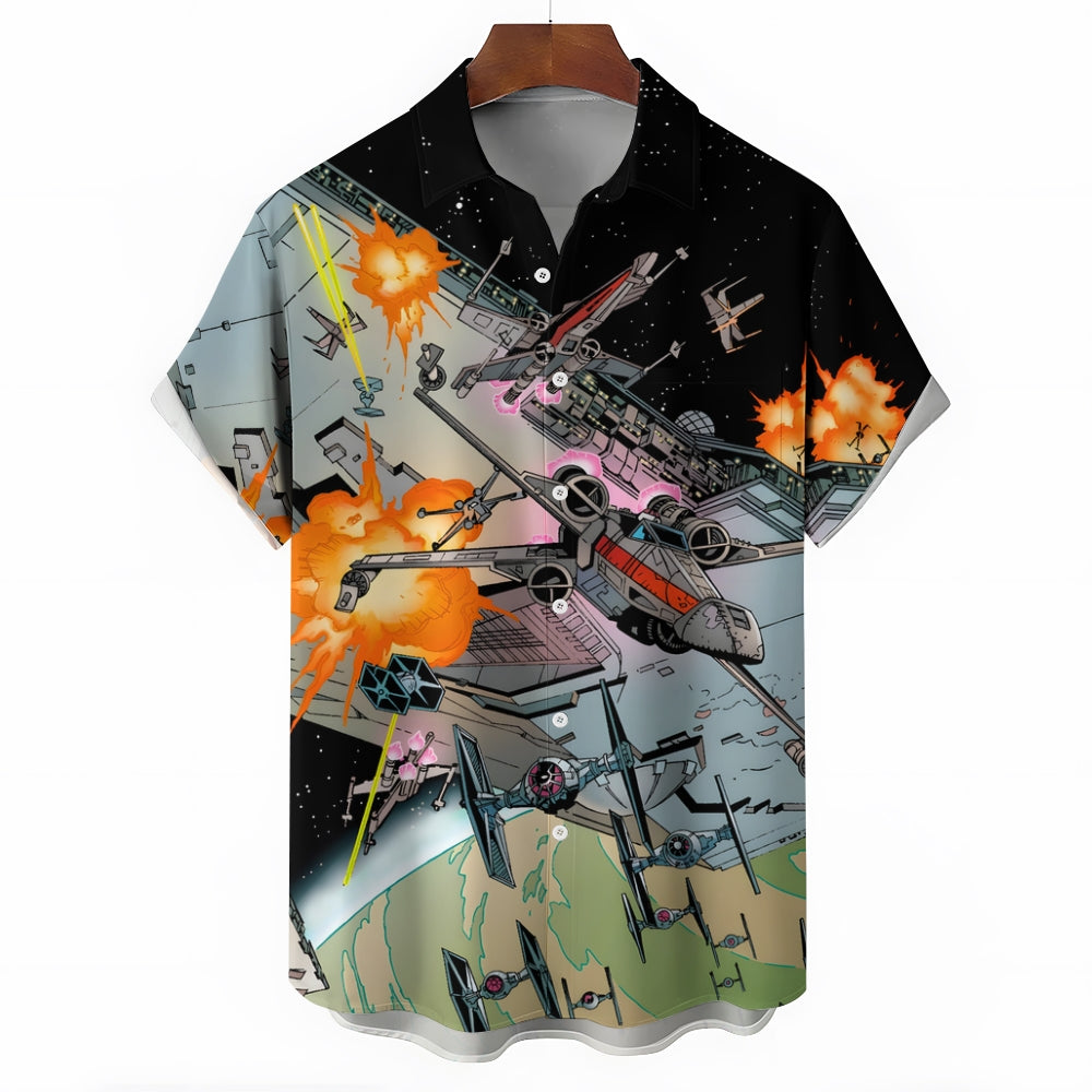 Mysterious Planet Printed Large Size Bamboo Linen Short Sleeve Shirt 2409001121