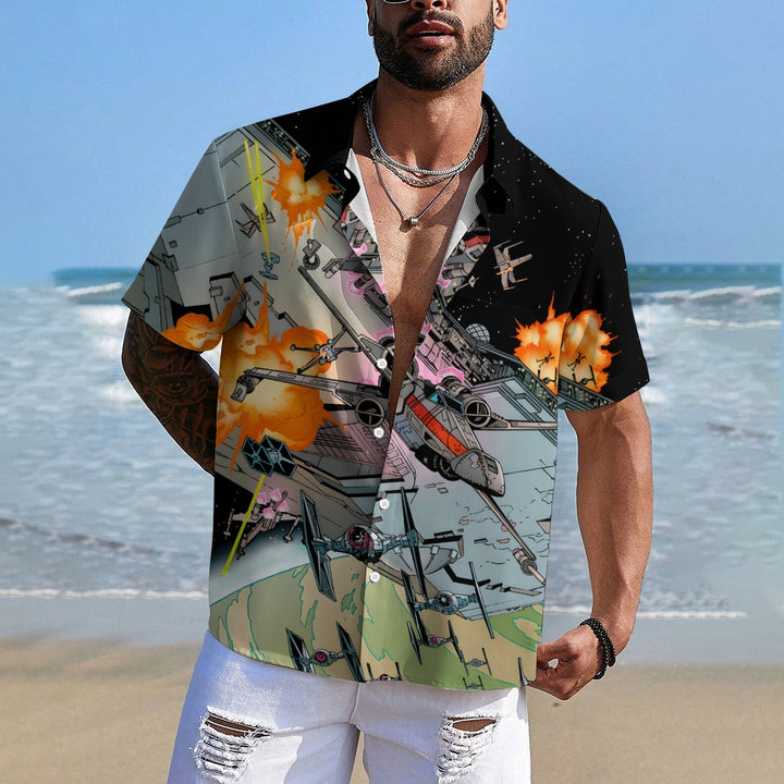 Mysterious Planet Printed Large Size Bamboo Linen Short Sleeve Shirt 2409001121