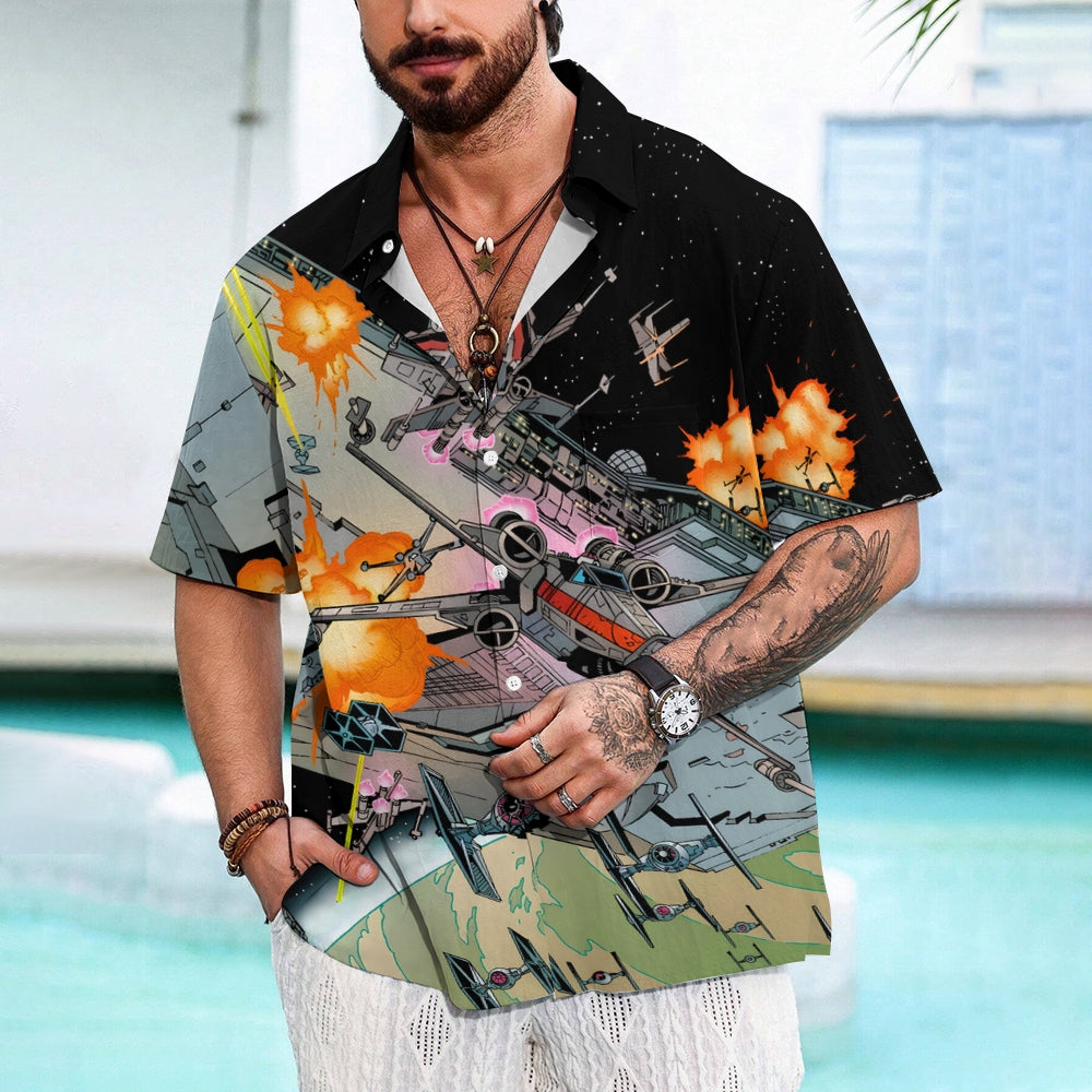 Mysterious Planet Printed Large Size Bamboo Linen Short Sleeve Shirt 2409001121