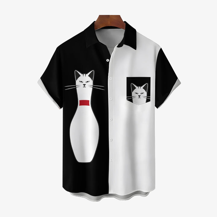 Men's Funny Kitten Bowling Print Short Sleeve Shirt 2409003515