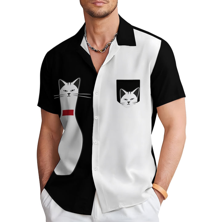 Men's Funny Kitten Bowling Print Short Sleeve Shirt 2409003515